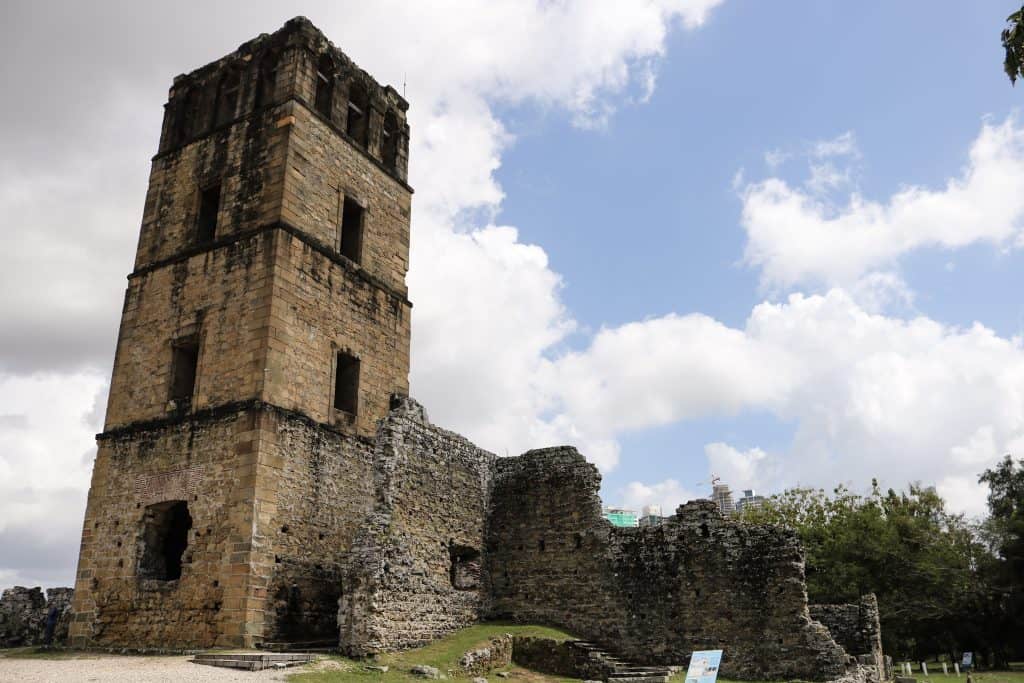 Ruins of a cathedral tower of Panama Viejo or Old Old Town and one of the best things to do in Panama City.