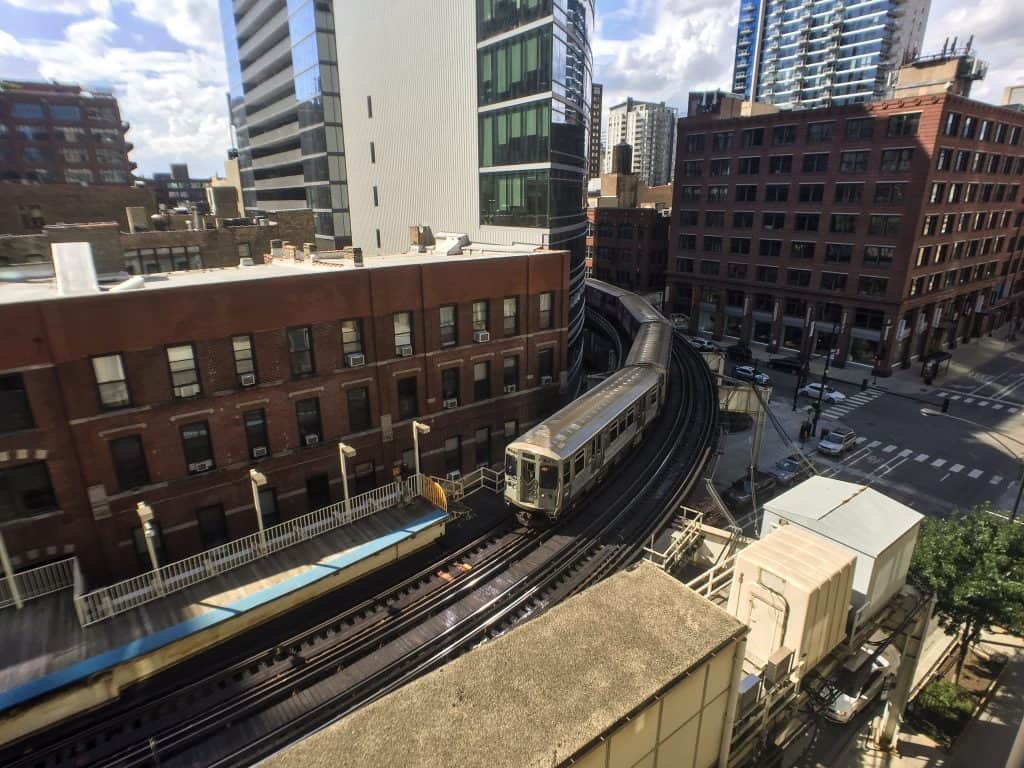 The L train going around the S-curve of the Loop in downtown Chicago.