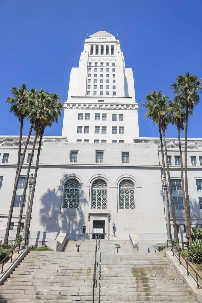 The front steps of the Los Angeles City Hall.