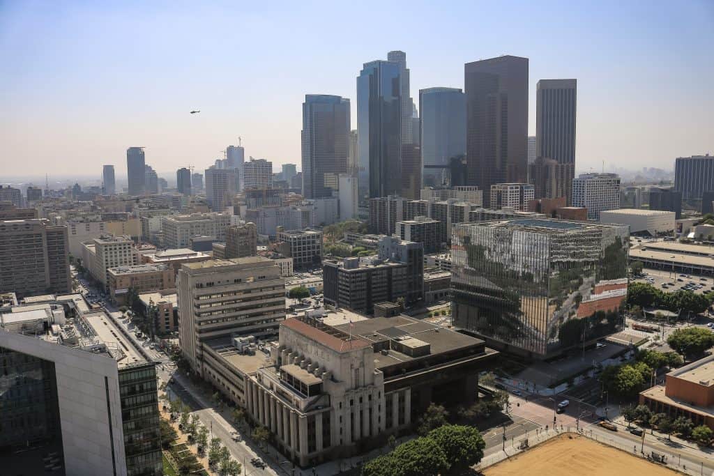 View of downtown LA from the top of City Hall observation deck.