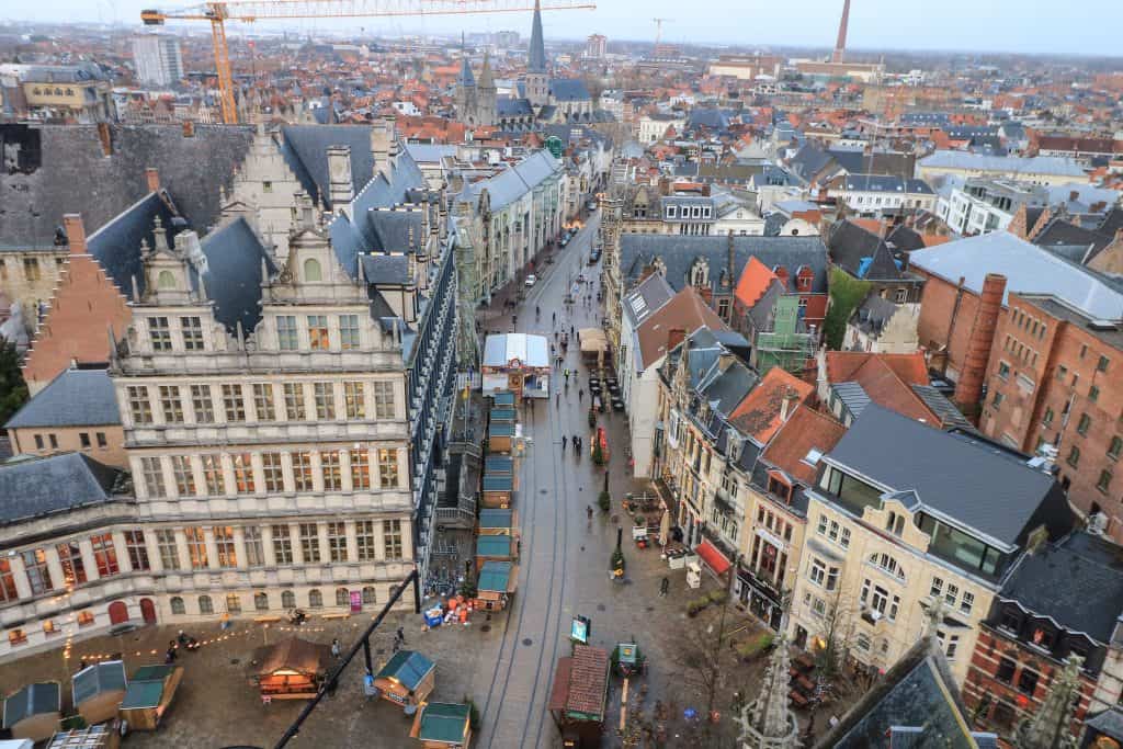 Aerial view of Ghent's City Hall on the left