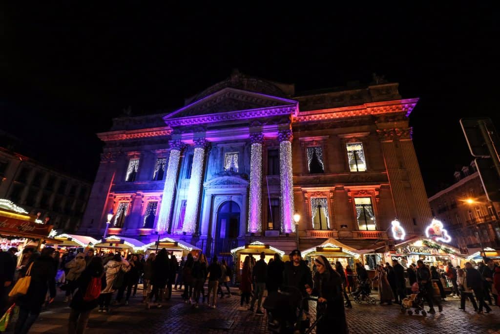 The Bourse lit up at night for the Christmas Market!