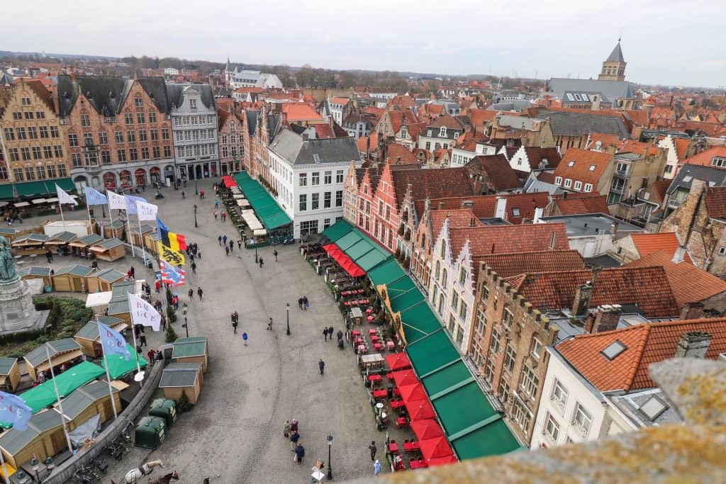 An aerial view of the colorful buildings of the Markt