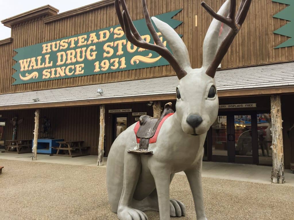 A giant jackelope statue at the Wall Drug Store in Wall, South Dakota that you can sit on and take pictures with.