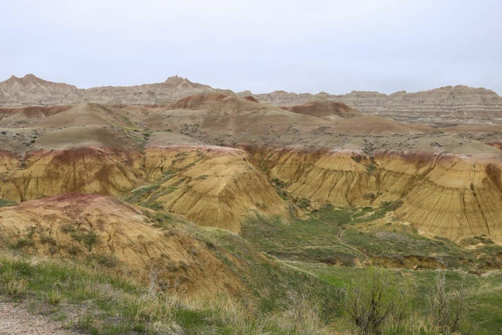The colorful yellow mounds at Yellow Mounds Overlook in the Badlands National Park.
