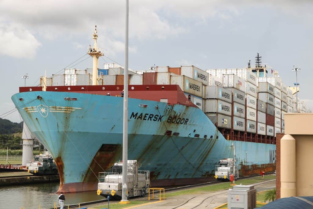 Large cargo ship passing through the Miraflores Locks.