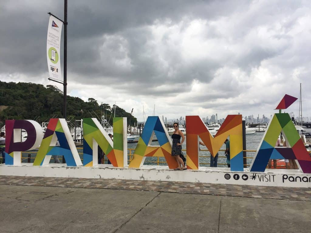 A large and colorful Panama sign on the marina waterfront on Flamenco Island on the Amador Causeway.