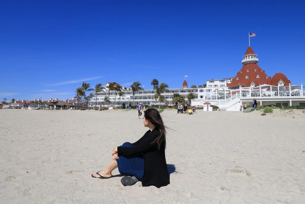 Sitting on the beach in front of the Hotel del Coronado enjoying the sun.