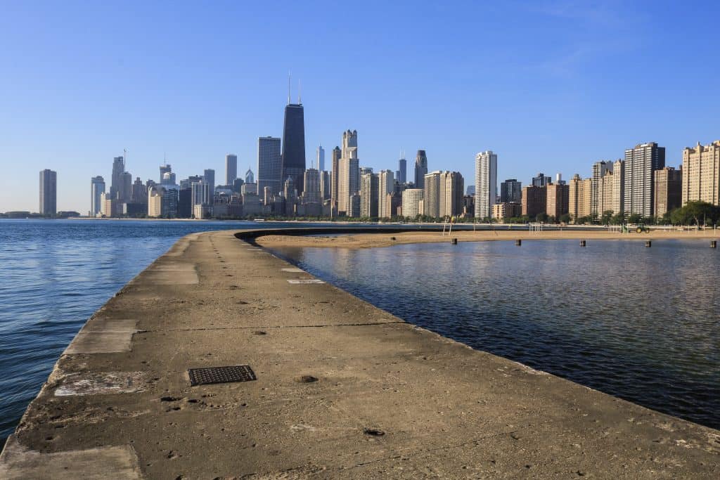 View of Chicago skyline from the North Ave jetty.