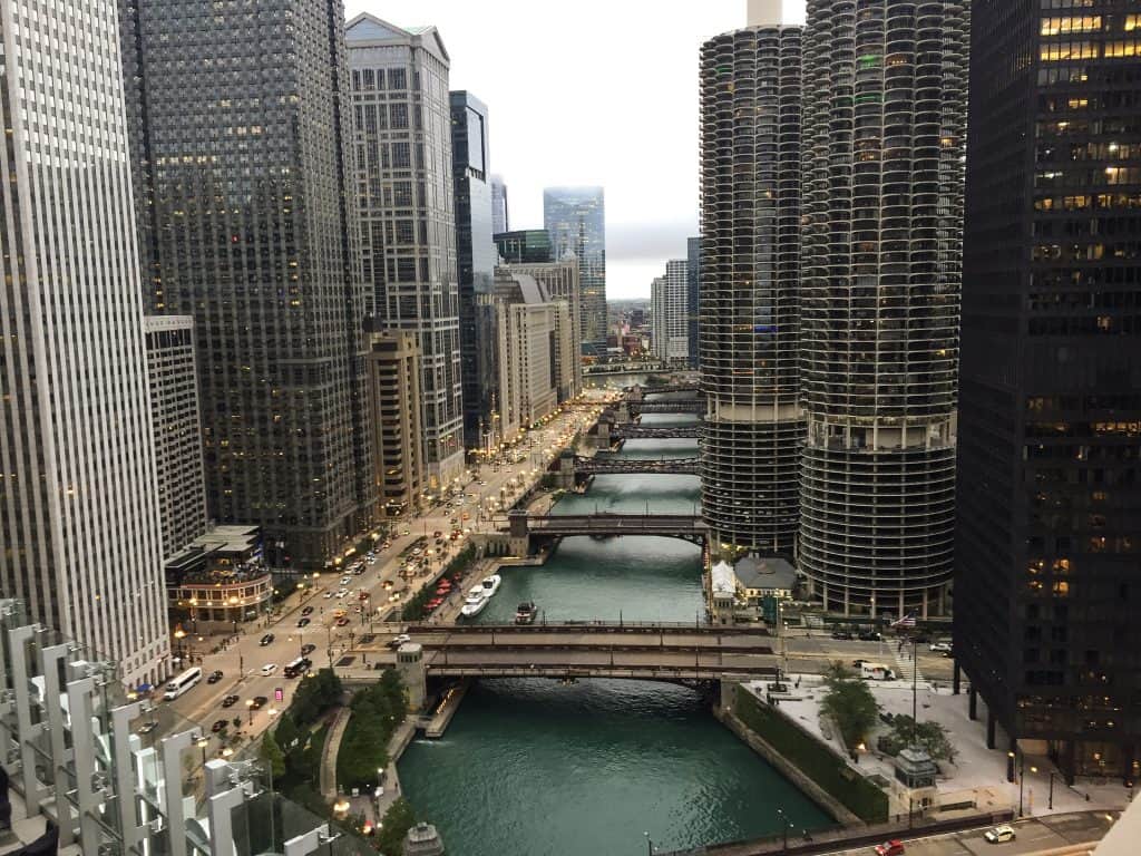 View of Chicago River from the London House rooftop bar.