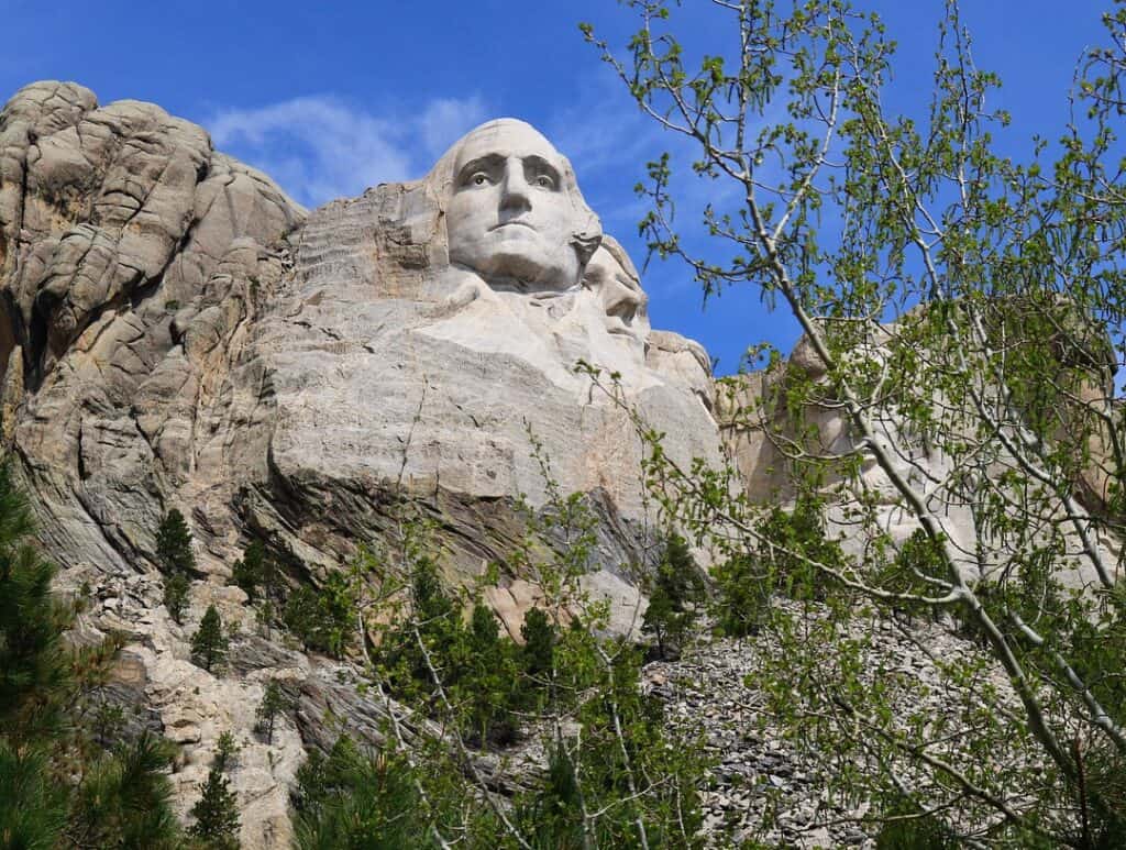 A closeup view of George Washington's face carved in rock at Mount Rushmore in South Dakota.