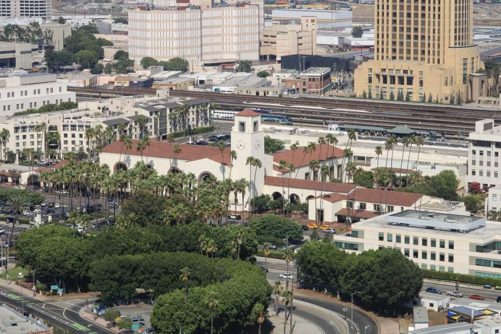 View of Union Station in DTLA from the top of City Hall. Main train hub for Los Angeles.