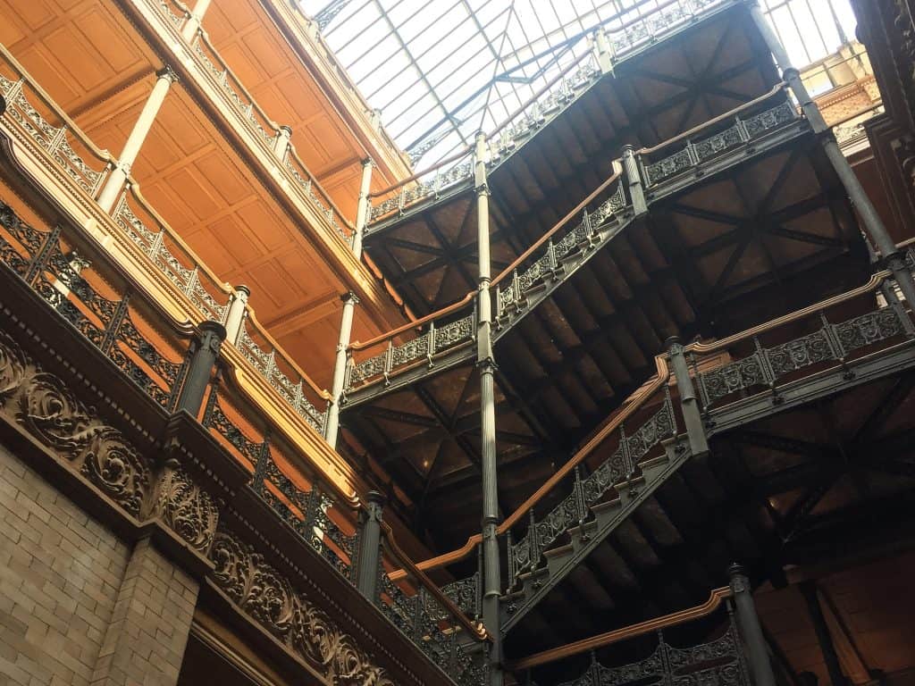 View of the detailed iron work inside the Bradbury Building.