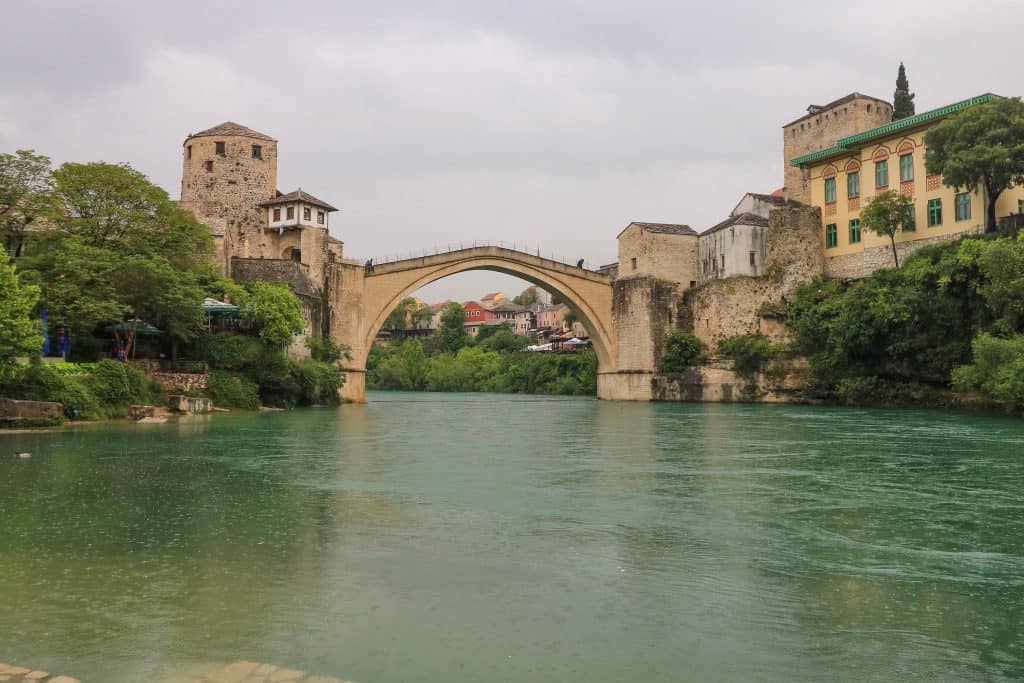 View of Stari Most from the waters edge of the Neretva River