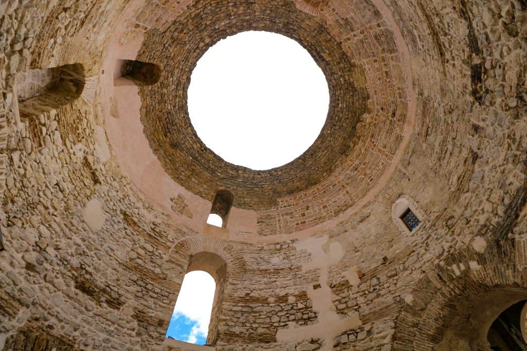 The beautiful ceiling with an open circle of the Vestibule in Diocletian's Palace in Split, Croatia.