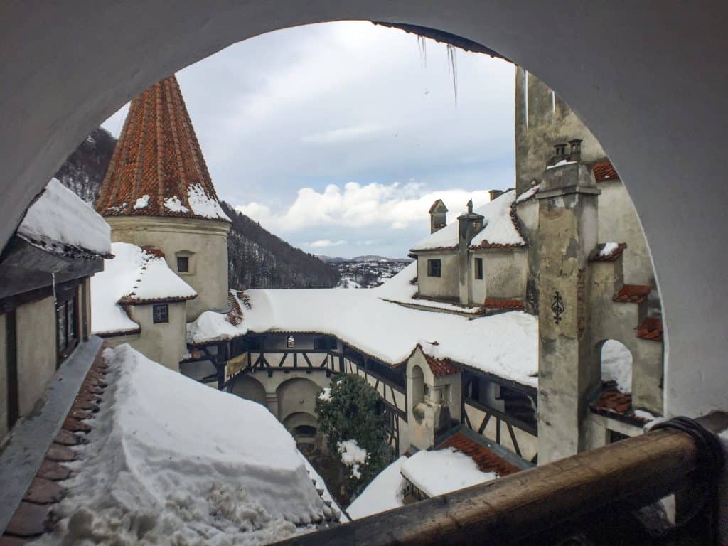 The beautiful snow capped roof of Bran Castle