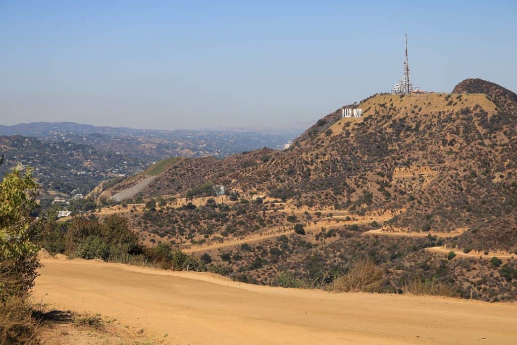 A closer view of the Hollywood Sign from the dirt hiking trail that meanders up to the sign.