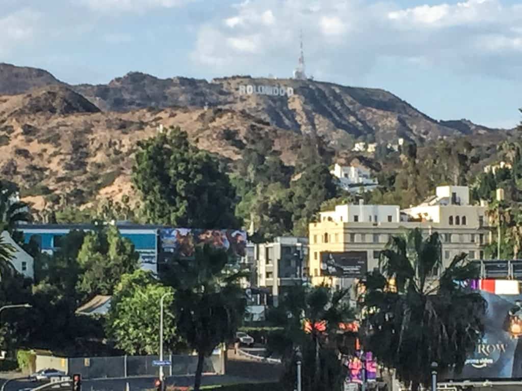 A zoomed in view of the Hollywood Sign from Hollywood & Highland in Los Angeles.