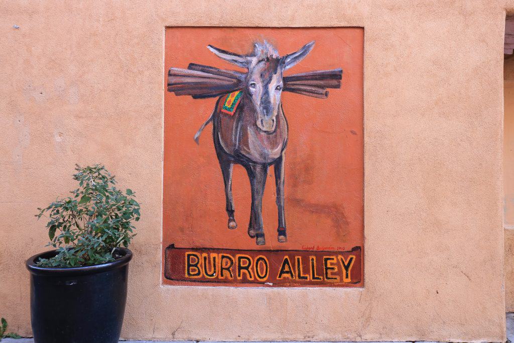 An art mural of a burro in Burro Alley, where all the burros would park to unload cargo in the 19th century and one of the best things to do in Santa Fe.