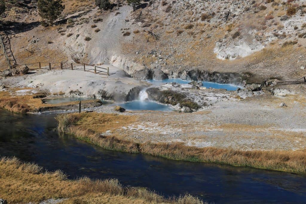 A zoomed in view of the boiling pools of the hot springs that are dangerous but beautiful to view from a distance in Mammoth Lakes, California.