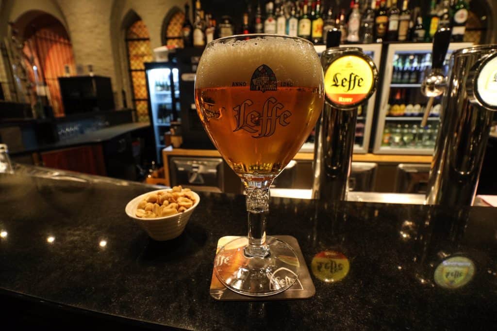 Enjoying a Leffe beer at La Merveilleuse's restaurant & bar.