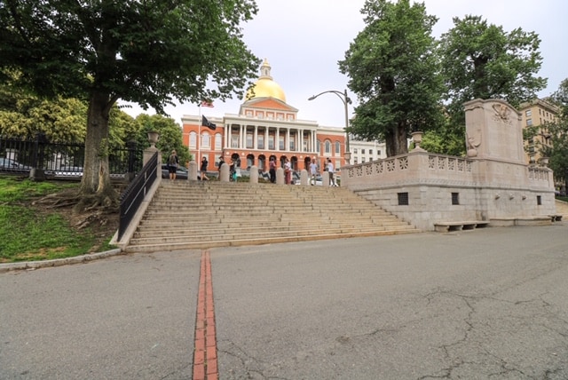 Follow the red brick path to stay on the Freedom Trail in the center of Boston.