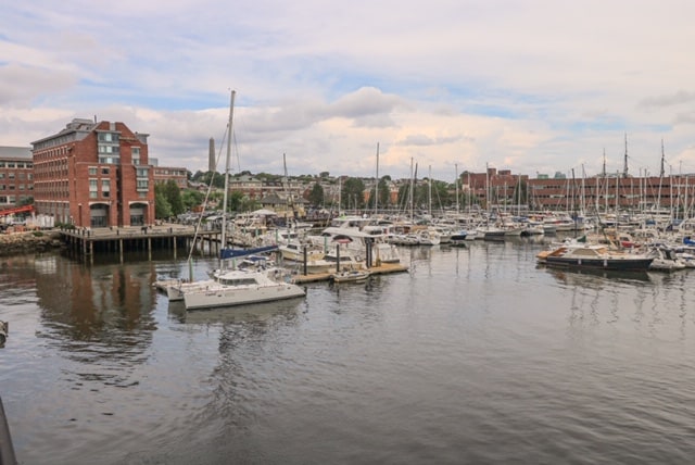 View of Bunker Hill, the harbor with boats from the Charlestown Bridge in Boston.