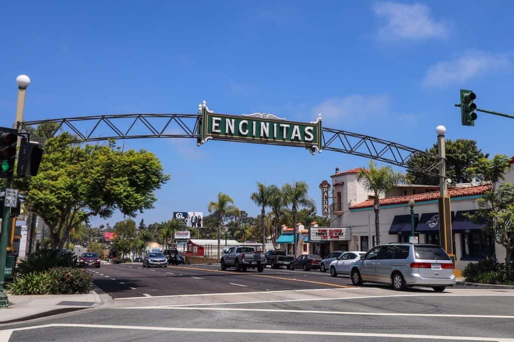 The Encinitas sign crosses over the historic Highway 101