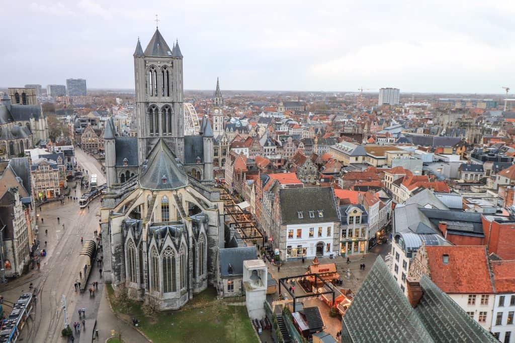 View looking down on the town of Ghent and the Christmas market from the top of the Bell Tower