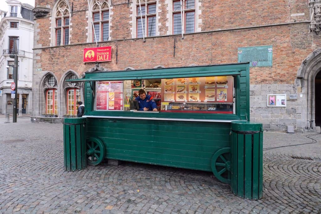 This cart in front of the Belfry in Bruges sells the best frites!
