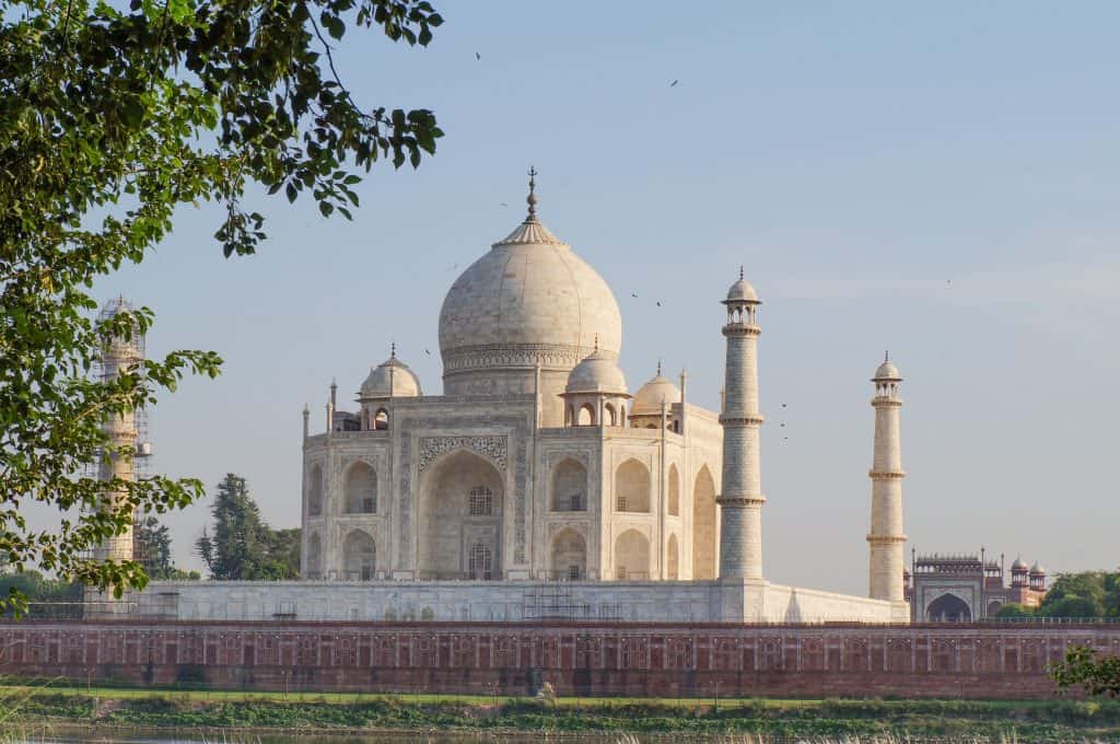A zoomed in view of the Taj Mahal from Mehtab Bagh