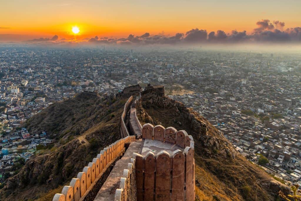 Nahargarh Fort at sunset and aerial view of Jaipur City