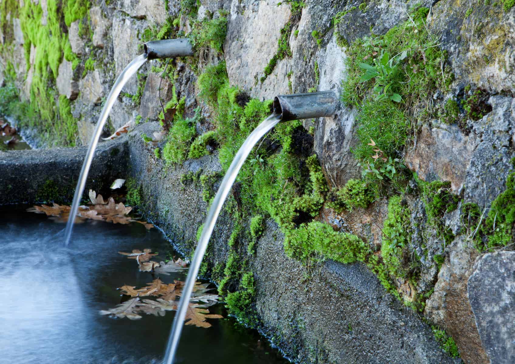 water pouring out of a natural water source surrounding by rocks and moss