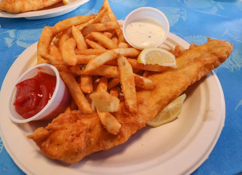 A plate of fish and chips from the Harbor Fish Cafe in Carlsbad