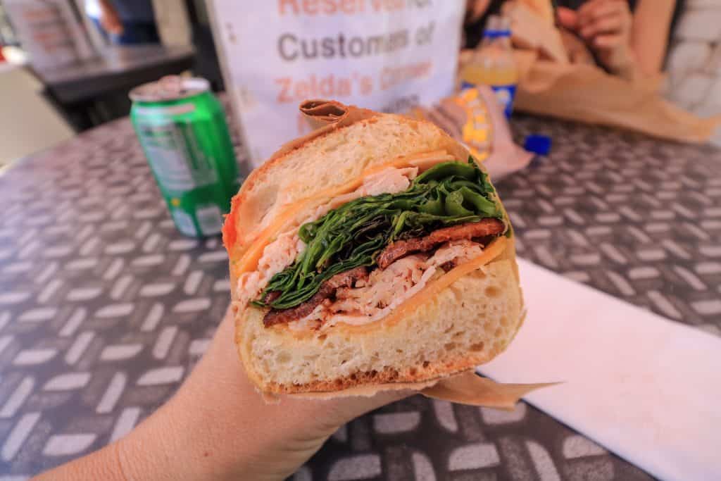 A close up view of a yummy sandwich at Zelda's in Venice Beach