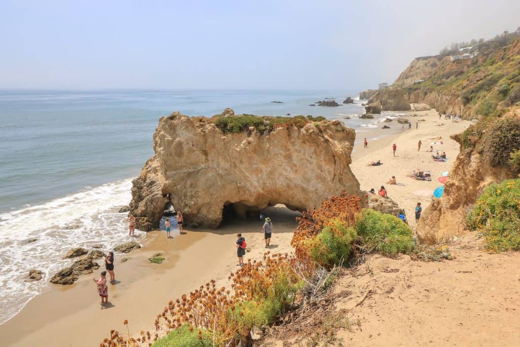 Looking down at one of the biggest rock formations on El Matador State Beach in Malibu from the top of the bluff.