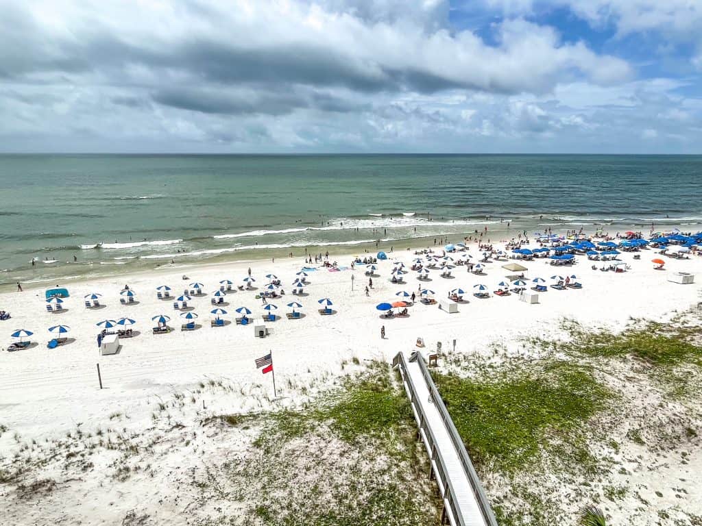 Looking down onto the beach and Gulf of Mexico from my balcony at the Hampton Inn & Suites Orange Beach, Alabama.
