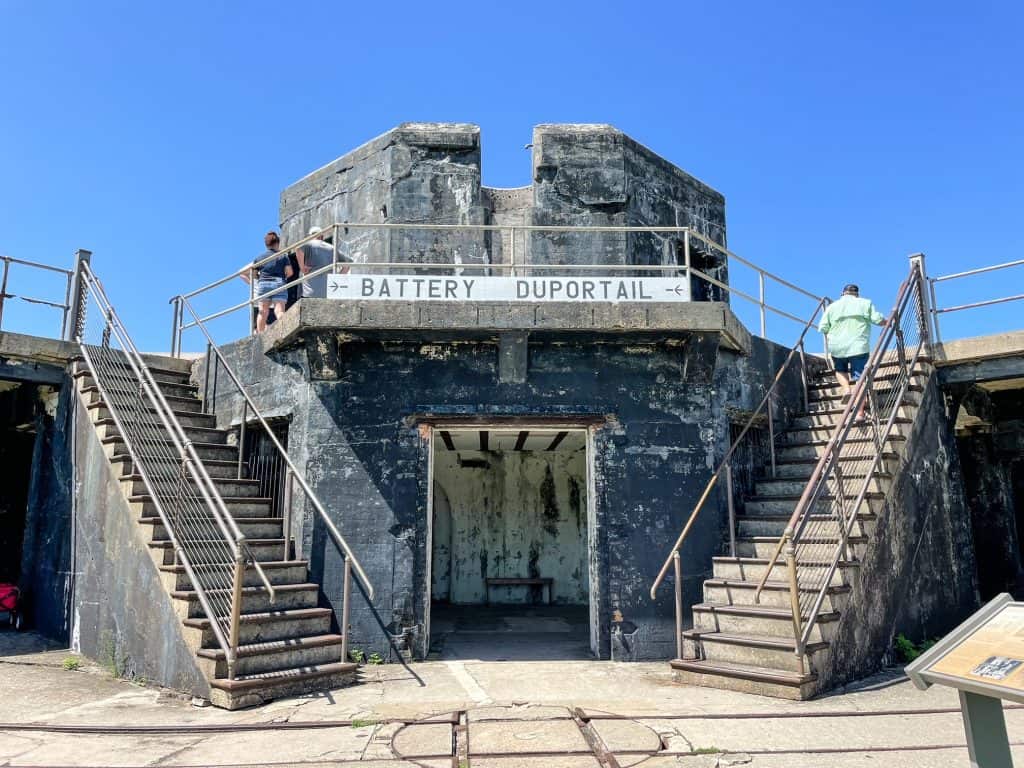 Two staircases leading up a higher level of the battery within Fort Morgan.