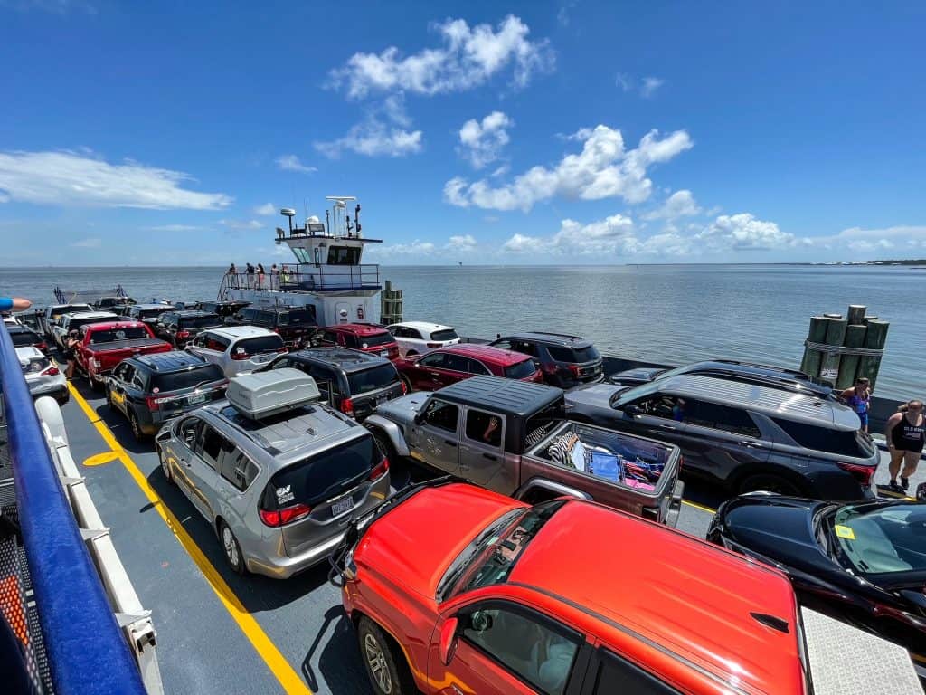 All the cars and people loaded up onto the ferry that goes back and forth between Dauphin Island and Fort Morgan on the mainland peninsula.