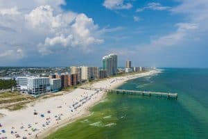 An aerial view of the stunning white sand beaches of Orange Beach, Alabama