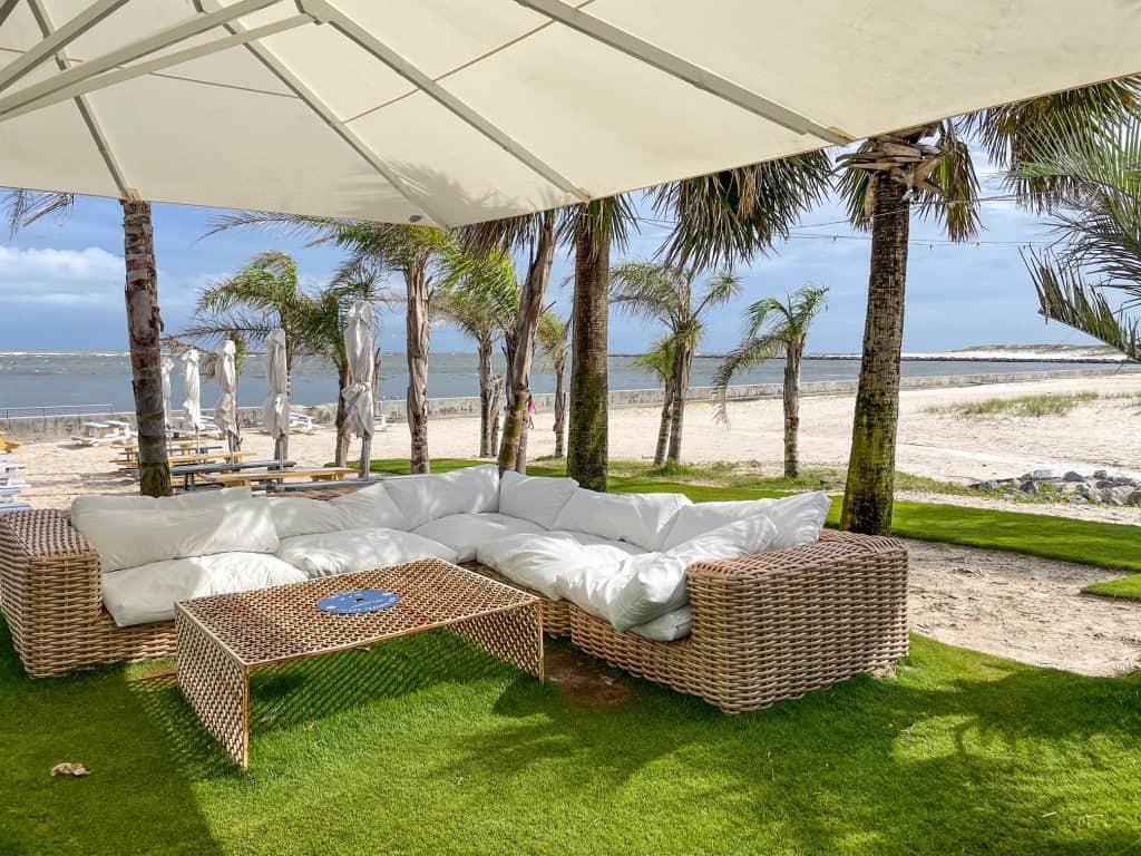 A comfy white outdoor couch with a covered canopy and surrounded by palm trees at The Gulf.