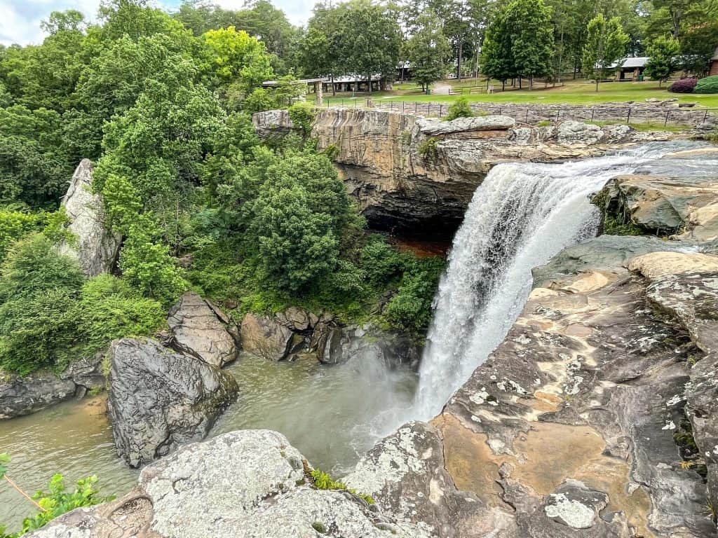 A close-up view of the top portion of Noccalula Falls from the top viewing platform.
