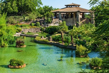 View of the Japanese Tea Garden in San Antonio with its lush and green landscaping.