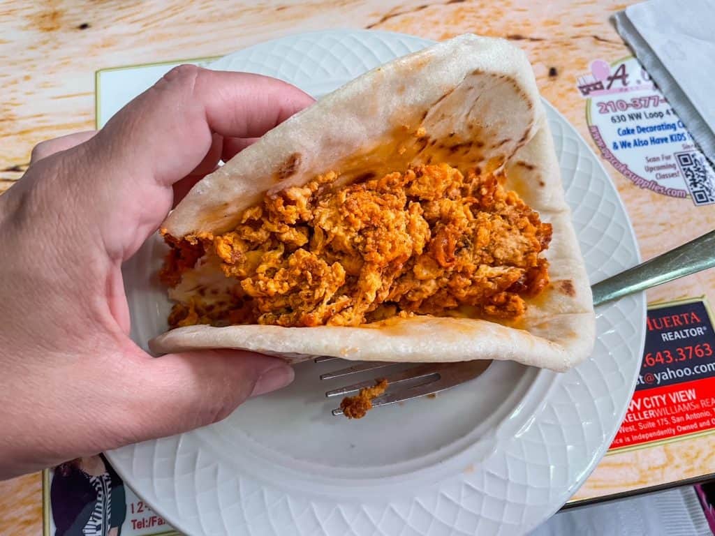 A chorizo and egg breakfast tako at Pete's Tako House in San Antonio.