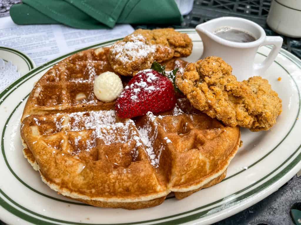 A plate of sweet cream waffles, fried chicken and the best maple syrup might be my favorite breakfast at Guenther House.