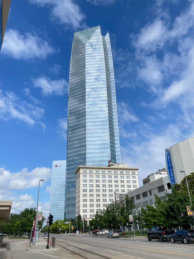 The tallest building in OKC, the Devon Tower with the restaurant VAST at the top.