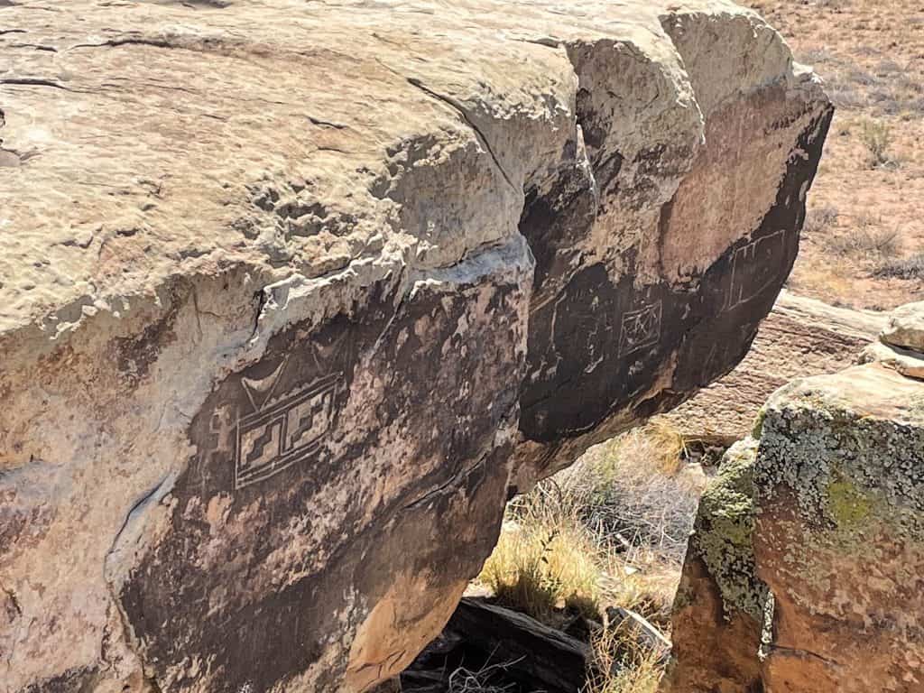 A close-up view of different petroglyphs on a rock face.