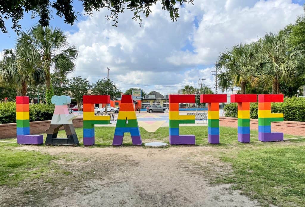 The bright rainbow colored huge letters that spell out Lafayette minus the Y in downtown Lafayette, Louisiana.