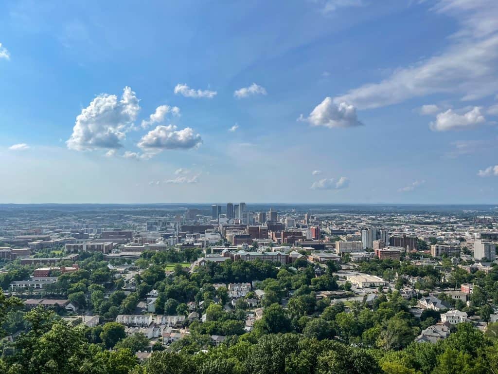 The gorgeous view of the city of Birmingham from the top of the Vulcan statue is one of the best cities views.