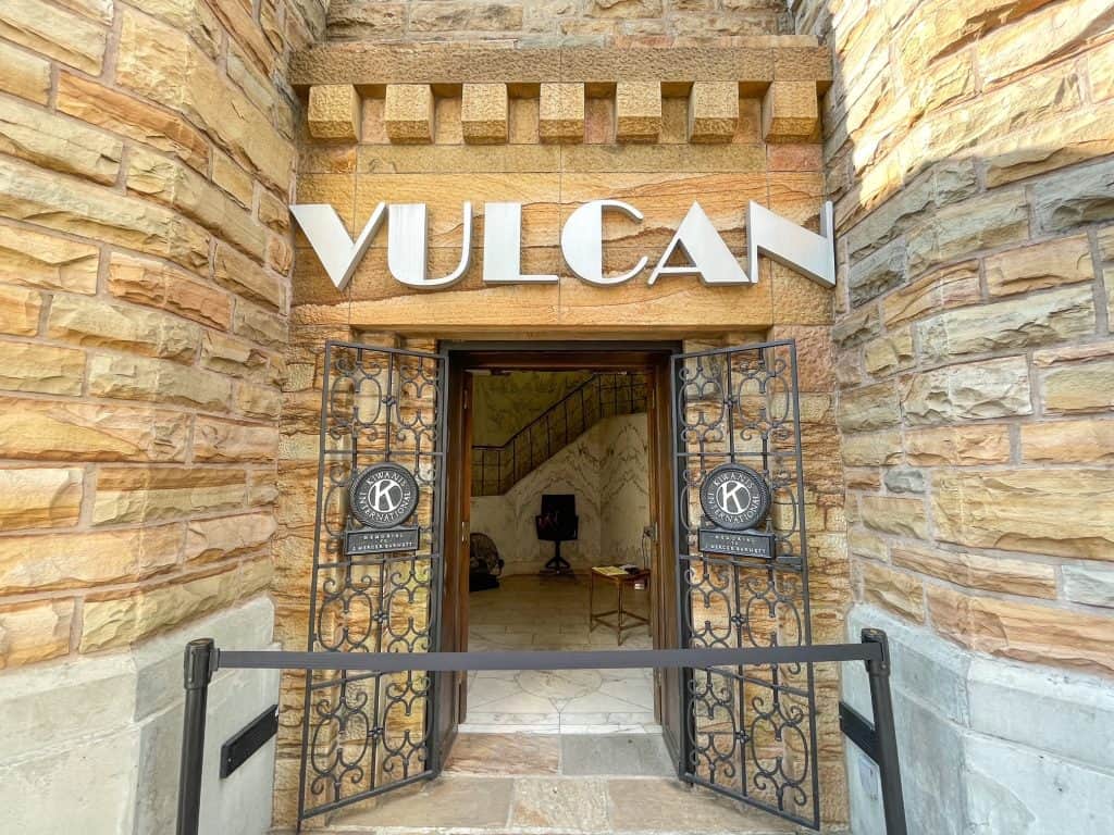 The base of the Vulcan tower with a huge VULCAN sign.